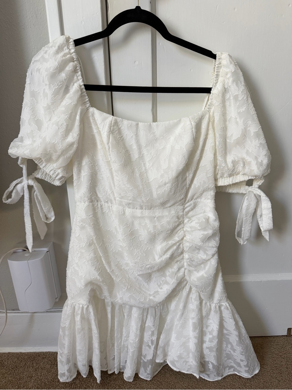 WhiteTextured Mini Dress with Puff Sleeves